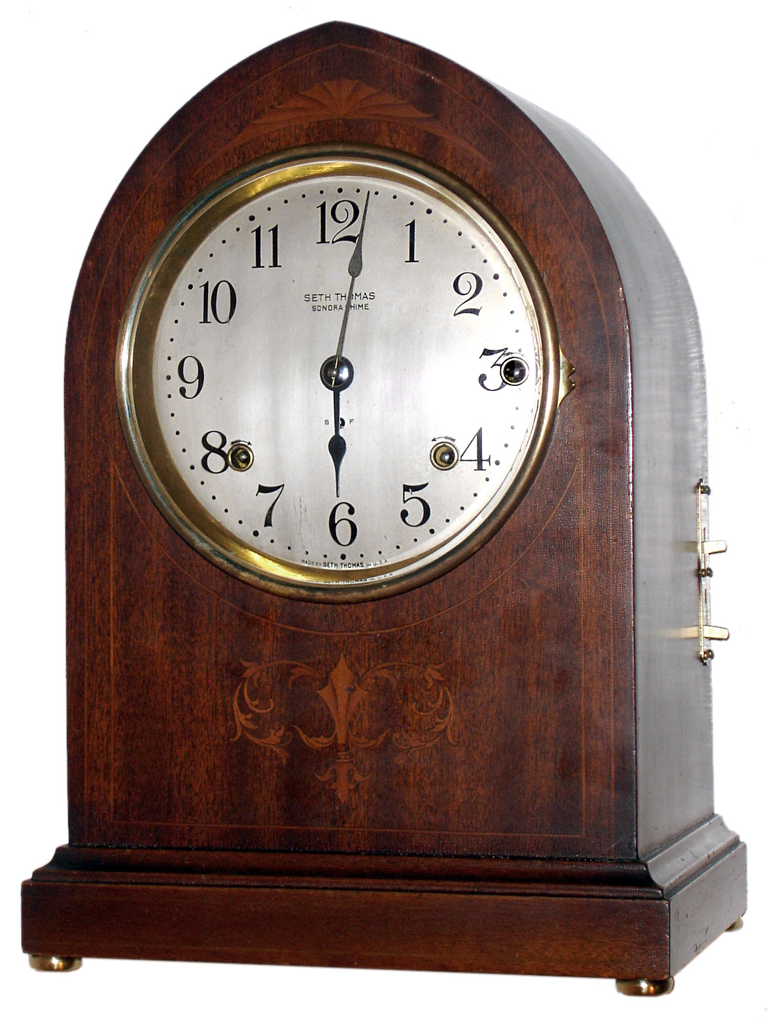 Seth Thomas Clock Co., Thomaston, Conn., "Sonora Chime No. 264" clock, 8 day, time, strike and chime on 8 bells, spring driven movement in inlaid mahogany case with silvered metal dial, c1915 — Antique Clocks Price Guide