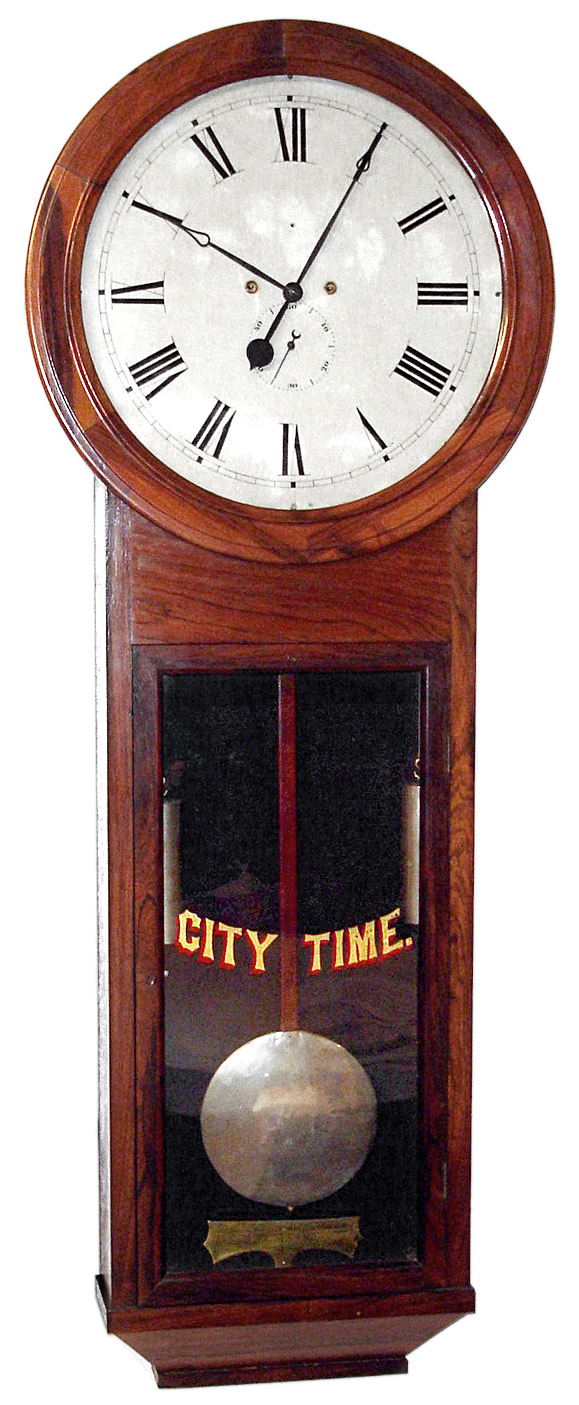 Atkins Clock Co., Bristol, Conn., "30 Day Extra", 30 day, time only, two weight driven movement in rosewood case with painted metal dial, c1870 — Antique Clocks Price Guide