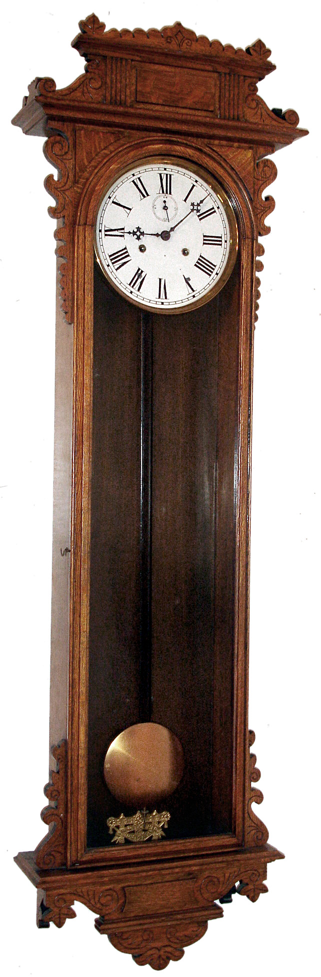 E.N. Welch Mfg. Co., Forestville, Conn., "Regulator No. 11", 30 day, time only, double spring driven movement in oak case with painted metal dial, c1889 — Antique Clocks Price Guide