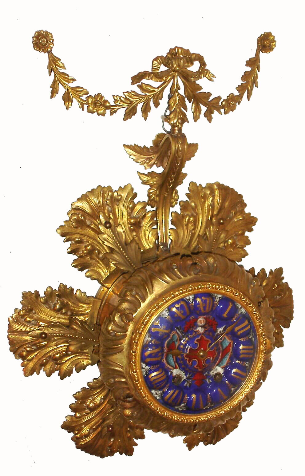 Le Roy and Fils Paris, French wall clock, 8 day, time and strike, spring driven movement in a gilded brass case with decorative ribbon and floral castings adornments to bracket. The ornate multicolor enamel dial has raised bulbous numerals and Le Roy signature with address, c1880 — Antique Clocks Price Guide