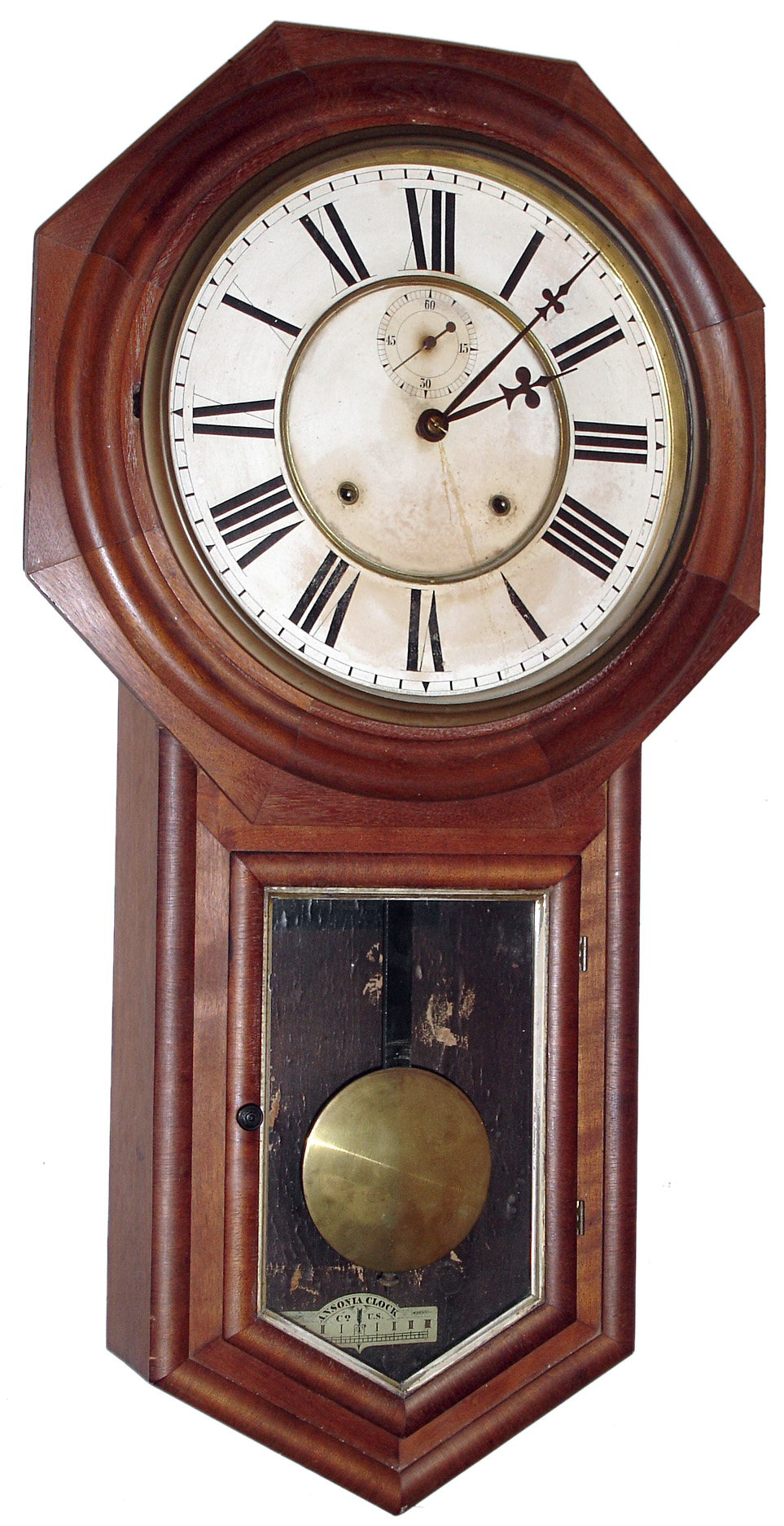 Ansonia Clock Co., New York, "Regulator A" wall clock, 8 day, time and strike, spring driven movement with second's bit in black walnut, with veneered drop, with papered metal dial, c1900 — Antique Clocks Price Guide