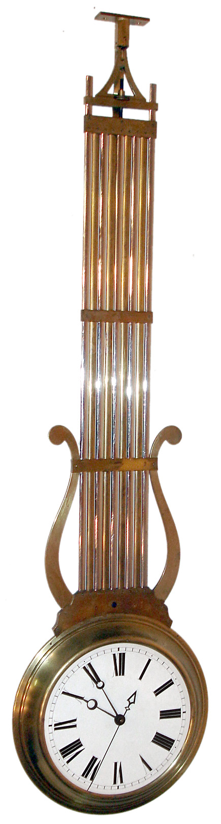 French mystery clock, "La Balancelle" double dialed shop window regulator 8 day, time only, spring driven movement in nickel plated and brass grid iron pendulum form case with two white enamel dials, one with sweep seconds and the other without, c1850 — Antique Clocks Price Guide