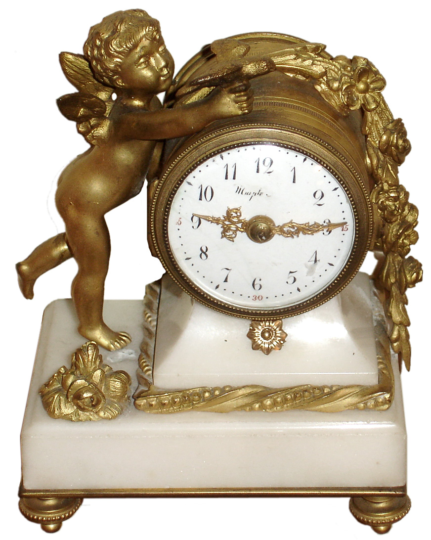 French, miniature figural table clock, 8 day, time only, spring driven movement with a platform cylinder escapement in a white marble case with ormolu cherub grasping dove and other ormolu trim, c1900 — Antique Clocks Price Guide