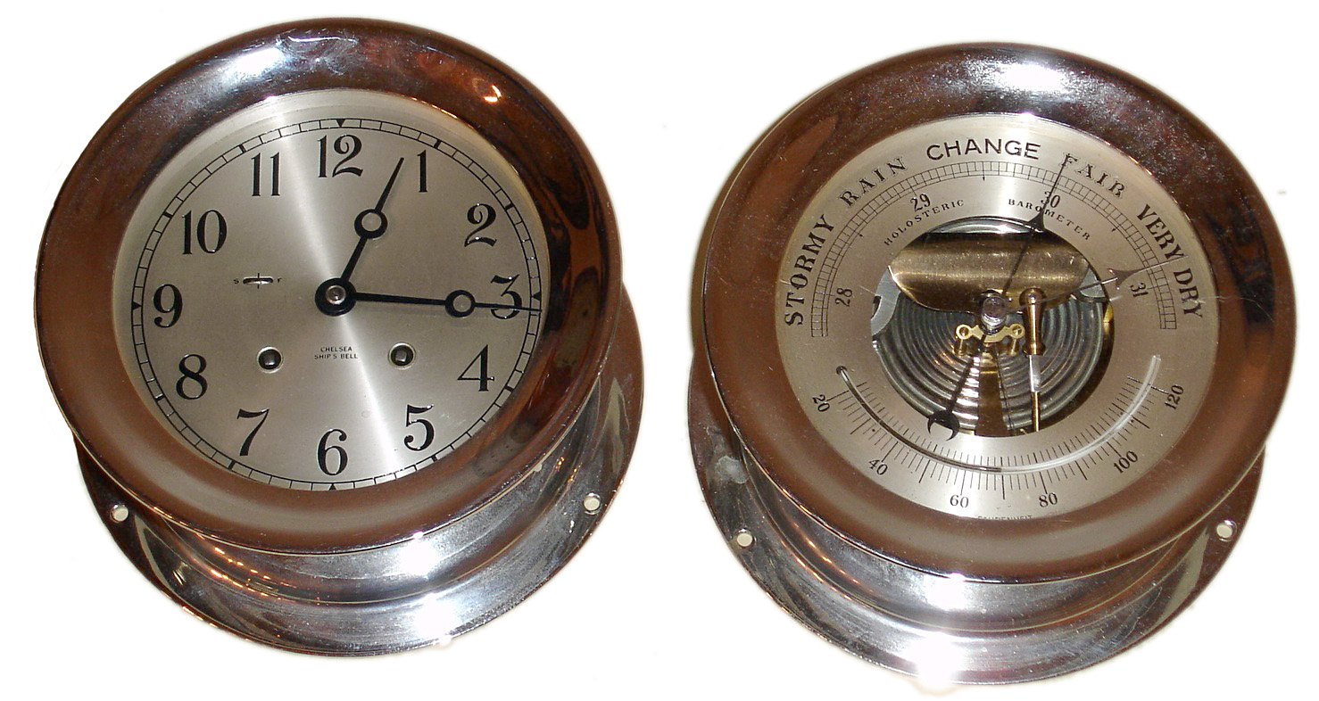 Chelsea Clock Co., Boston, Mass., ship's clock and barometer set, 8 day, time and ship's bell strike, spring driven movement in a nickel plated case with 6" silvered metal dial, s#598257 c1950 — Antique Clocks Price Guide