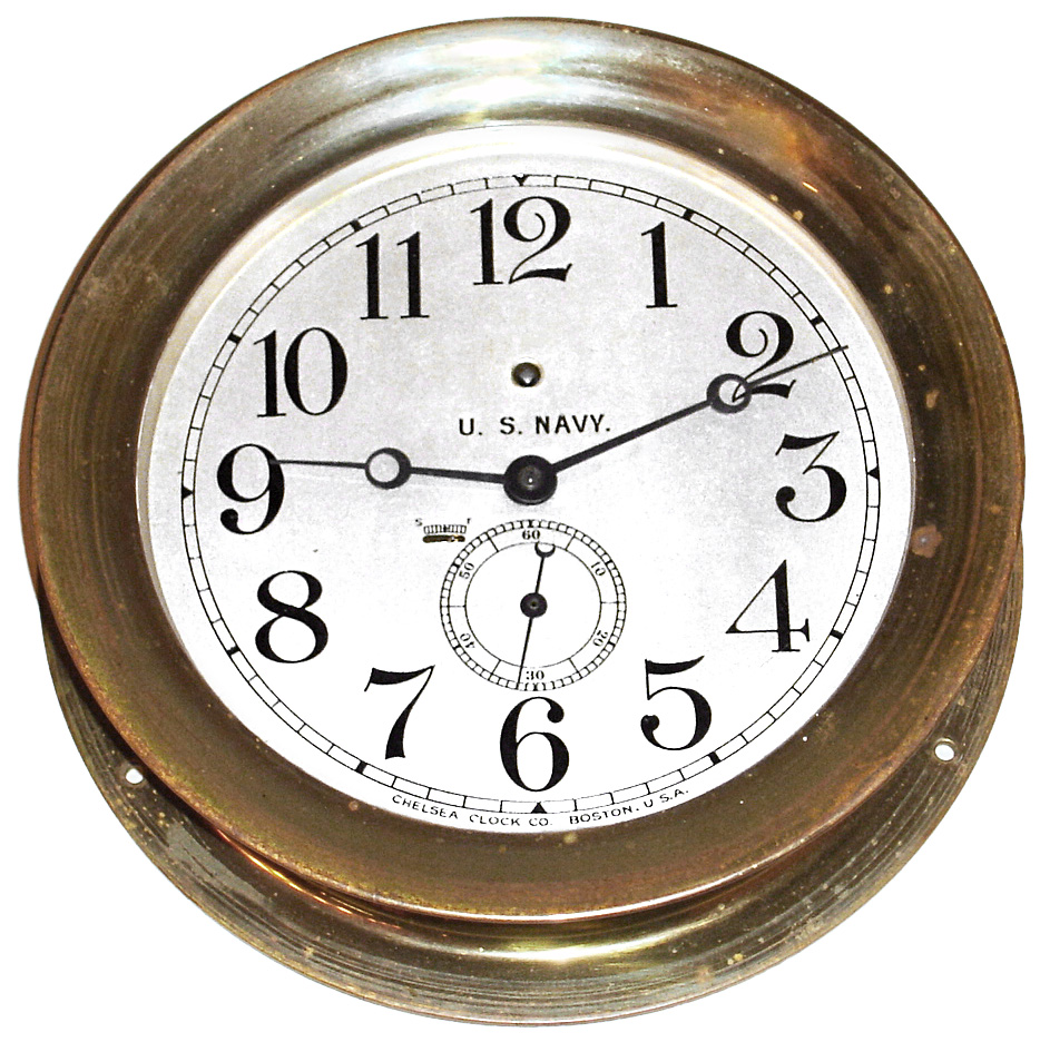 Chelsea Clock Co., Boston, Mass., deck time piece, 8 day, time only spring driven movement in a solid brass case with 8" silvered dial, s#121732 c1918 — Antique Clocks Price Guide
