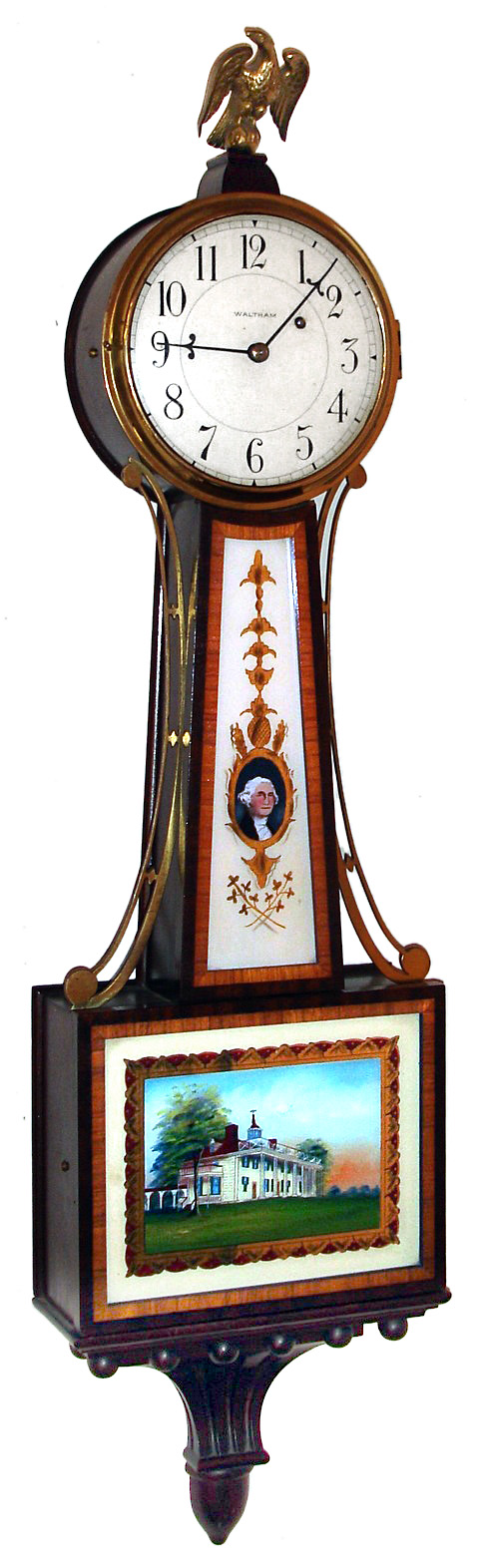 Waltham Clock Co., Waltham, Mass., "Banjo" wall time piece, 8 day, time only, weight driven movement in cross banded mahogany case with painted metal dial and reverse painted Mt. Vernon tablets, c1930 — Antique Clocks Price Guide