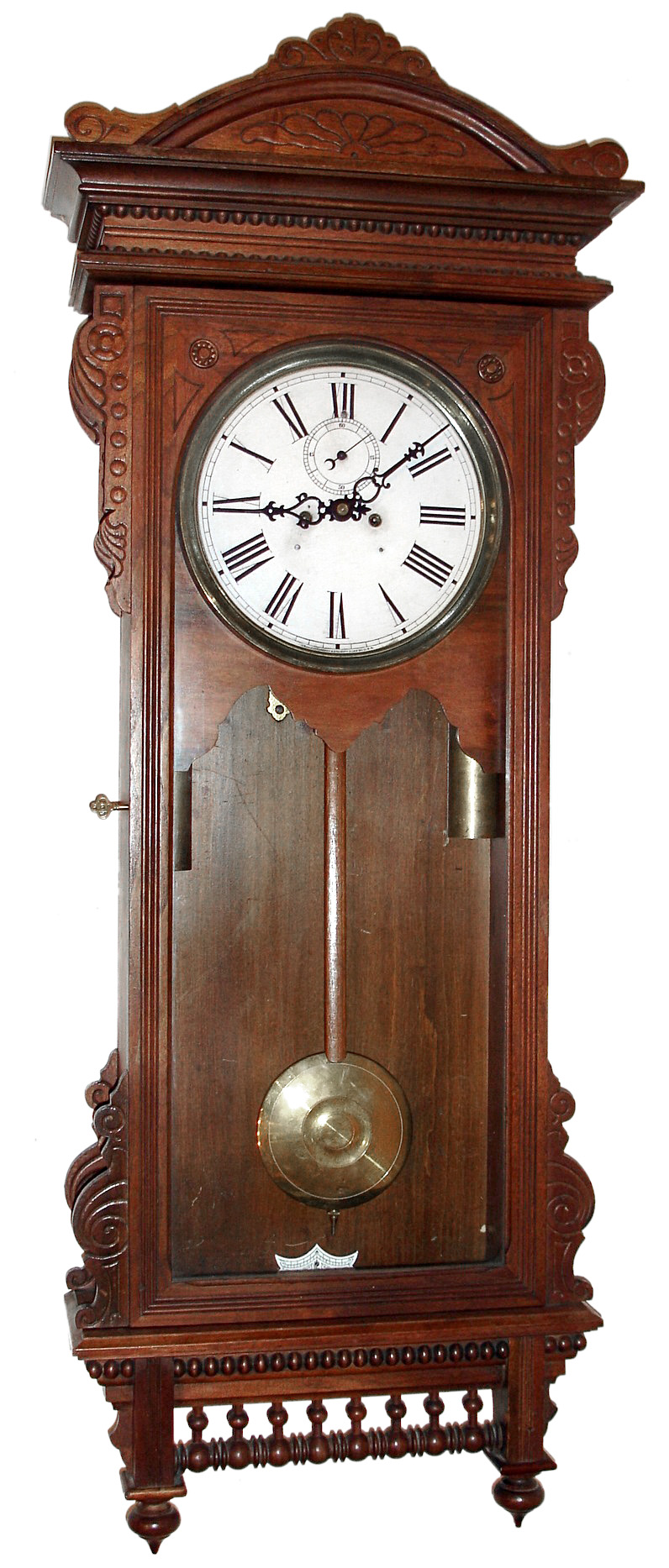 Waterbury Clock Co., Waterbury, Conn., "Regulator No. 57" wall time piece, 8 day, time only, 2 weight driven movement in walnut case with painted metal dial and second's bit, c1905 — Antique Clocks Price Guide