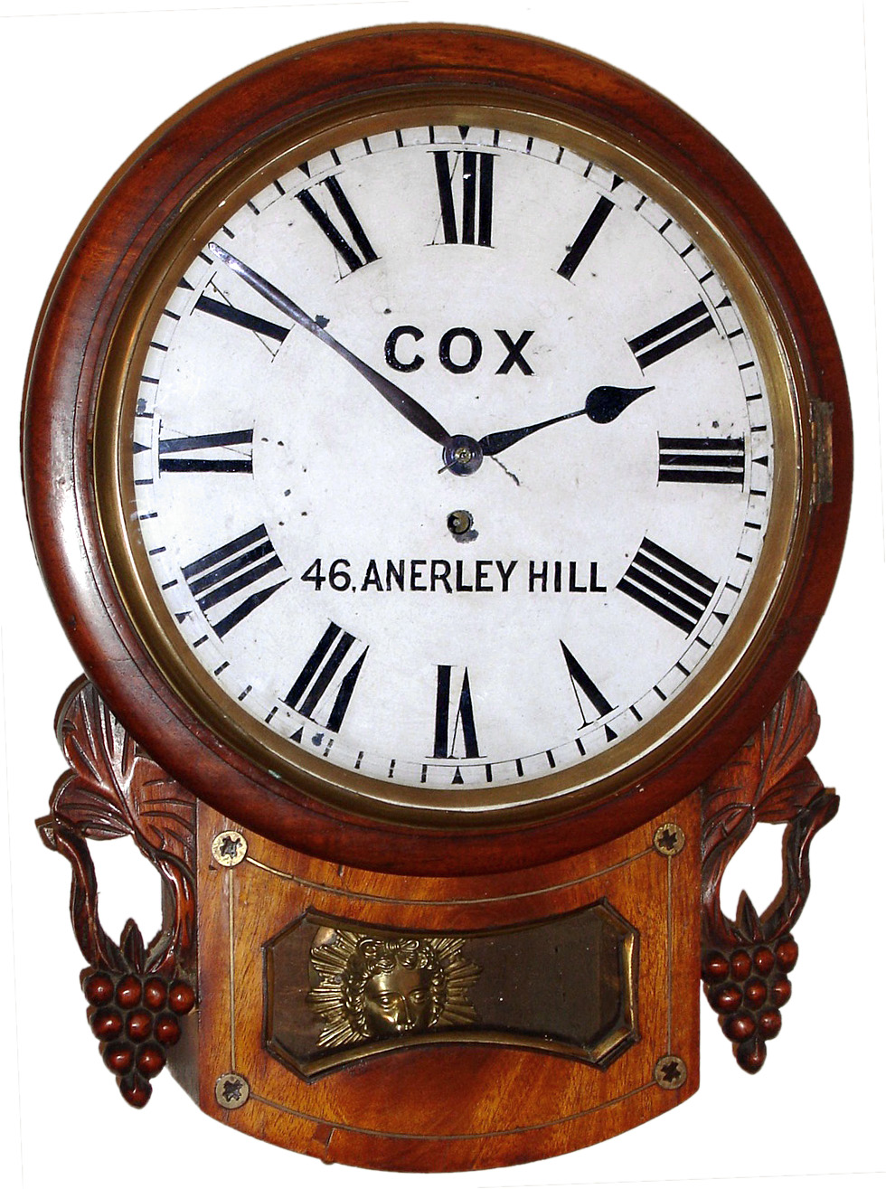 Cox, 46 Anerley Hill, England short drop wall time piece, 8 day, time only, spring driven movement in mahogany veneer case with side carvings and brass line inlay, c1860 — Antique Clocks Price Guide