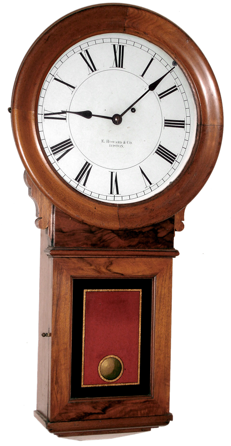 E. Howard and Co., Boston, Mass., "Regulator No. 70" wall time piece, 8 day, time only, weight driven movement in black walnut case with reverse painted lower tablet and painted metal dial, c1900 — Antique Clocks Price Guide