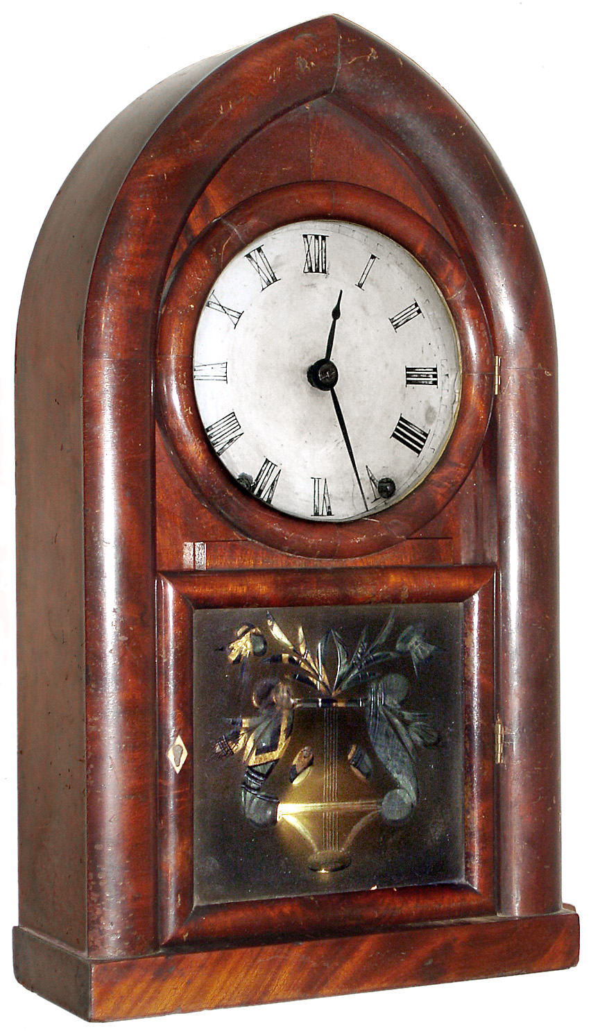 Brewster and Ingrahams, 8 day, time and strike, Kirk's Patent Iron back plate beehive shelf clock, c1845 — Antique Clocks Price Guide