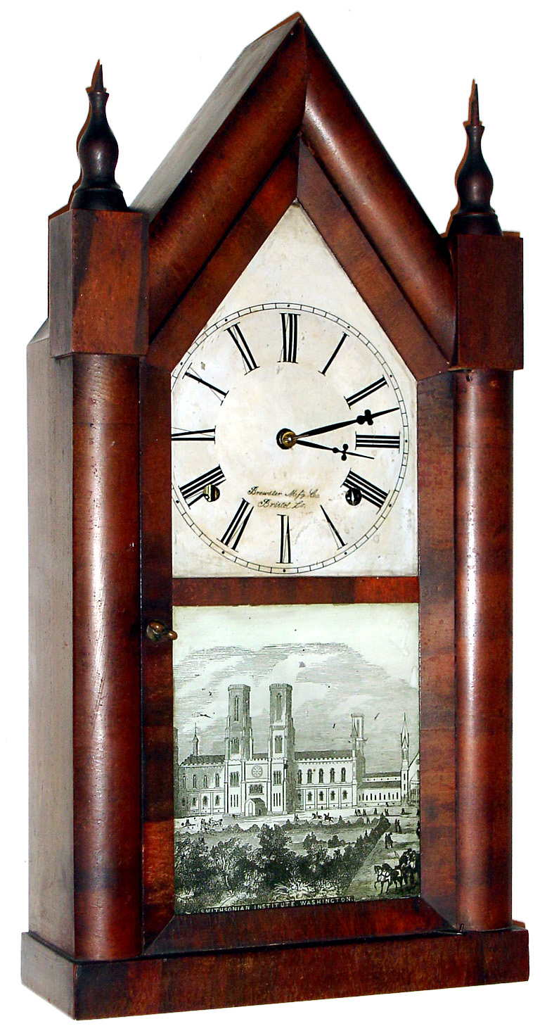 Brewster Mfg. Co., Bristol, Conn., 30 hour, time and strike, steeple shelf clock, c1852 — Antique Clocks Price Guide