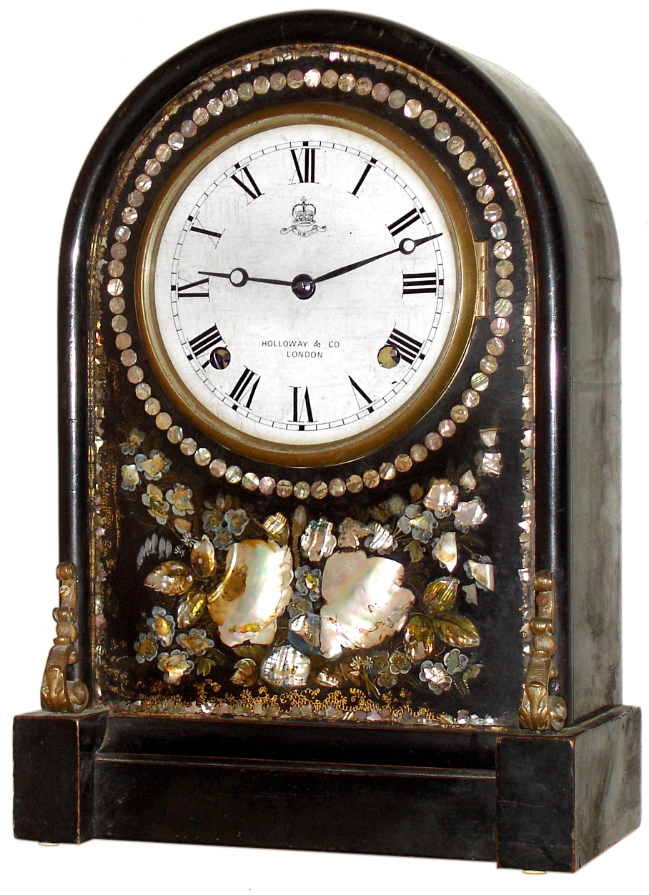 Anglo-American, 8 day, time and strike, ebonized case with MOP inlay mantel clock, c1860 — Antique Clocks Price Guide