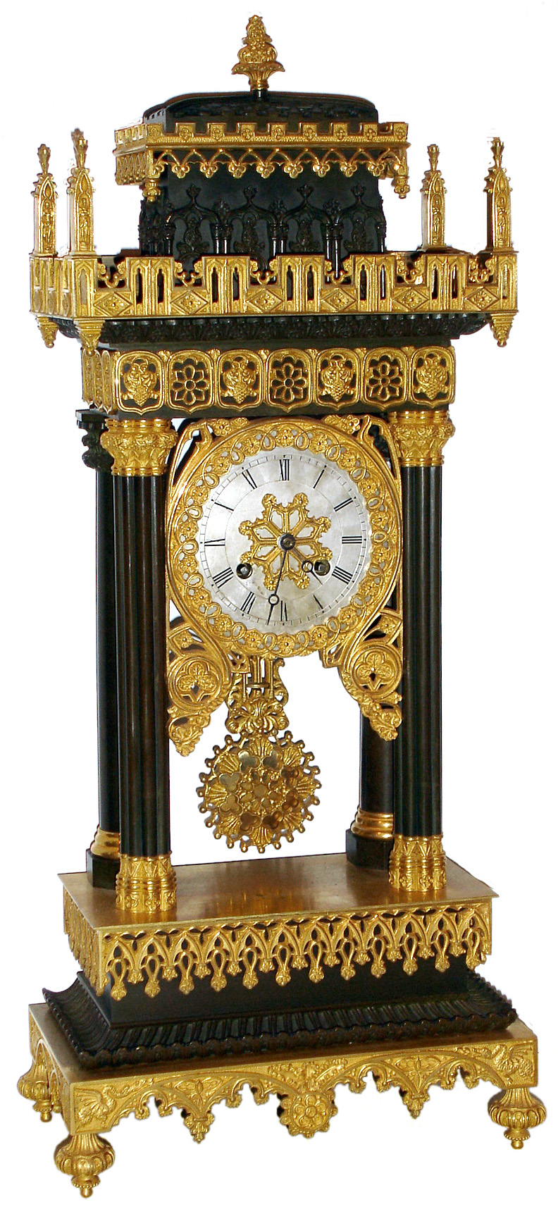 French, Empire 4-pillar, 8 day, time and strike, patinated bronze and ormolu, Gothic style mantel clock, c1880 — Antique Clocks Price Guide
