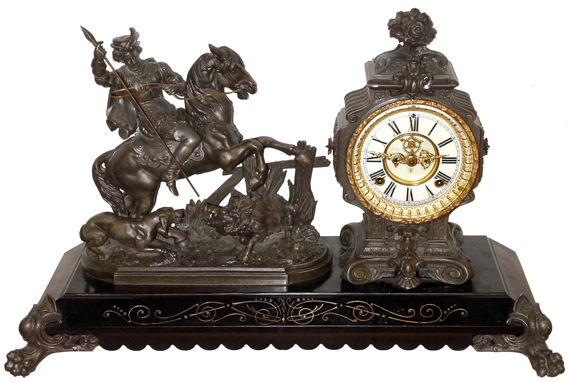 Ansonia Clock Co., New York, "Boar Hunter", 8 day, time and strike, figural mantel clock, c1894 — Antique Clocks Price Guide
