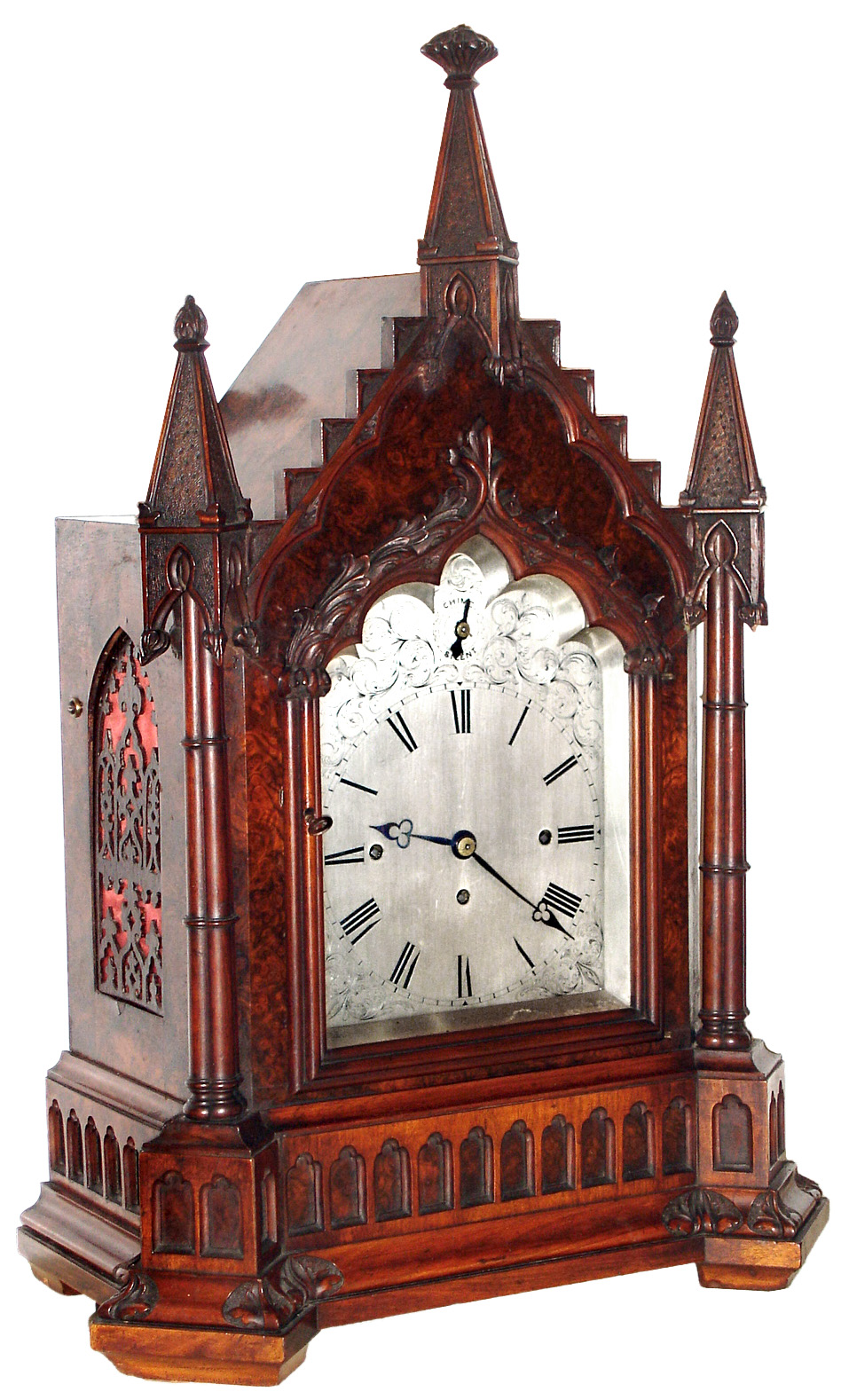 English, (for Scottish market) 8 day, triple fusee bracket clock, Gothic in style, chiming the quarters on 8 bells, and striking the hours on a large coiled cathedral gong, c1875 — Antique Clocks Price Guide