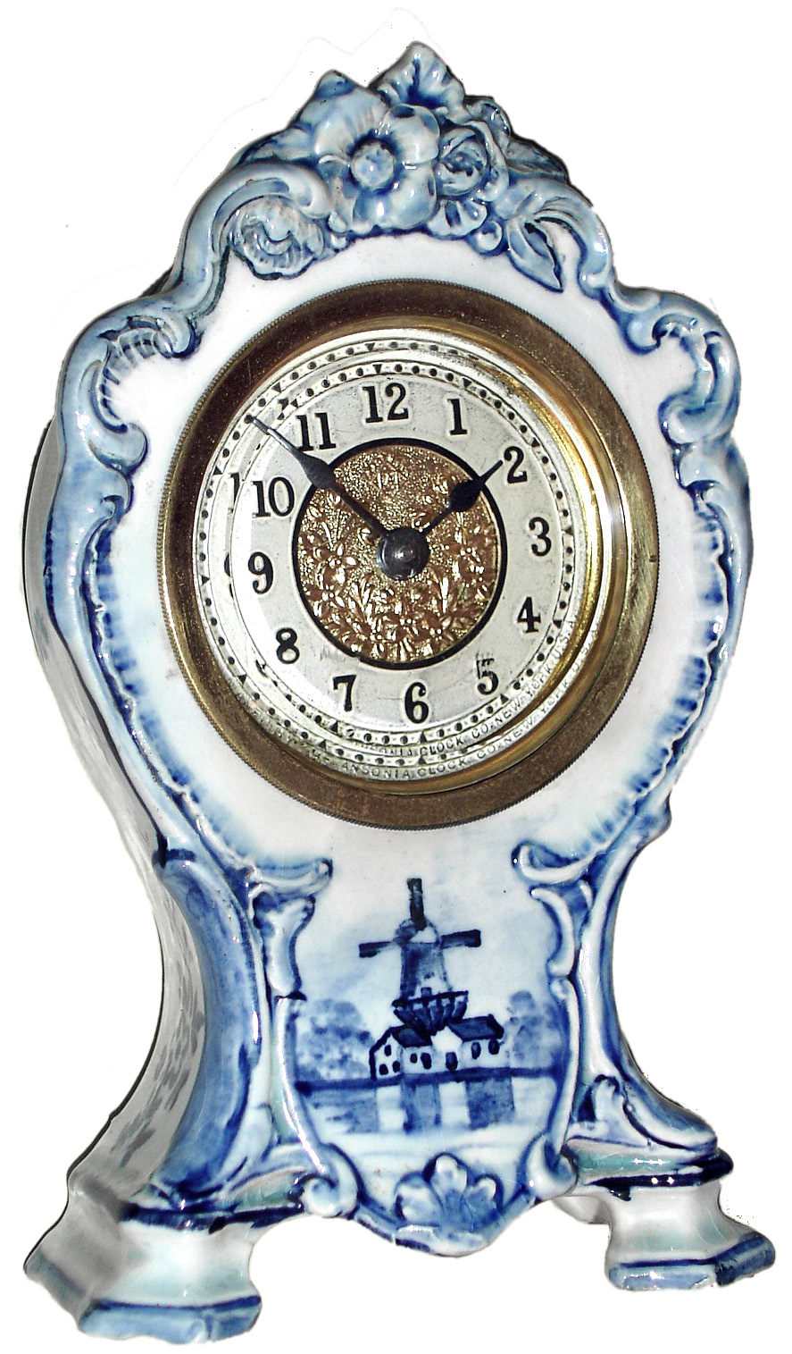 Ansonia Clock Co., 30 hour, lever movement timepiece in a Royal Bonn delft style porcelain case, c1900 — Antique Clocks Price Guide