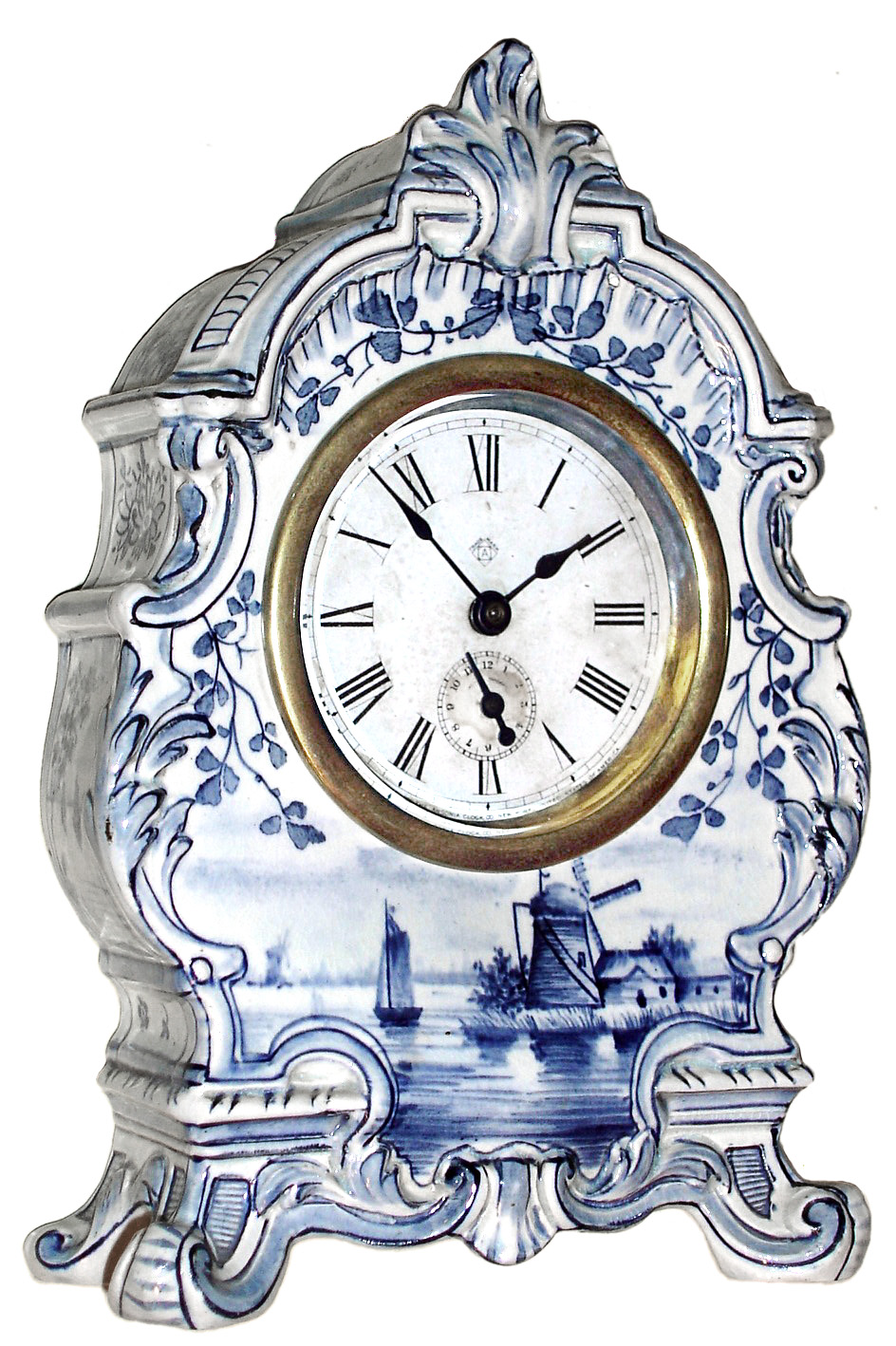 Ansonia Clock Co., New York, "Delft", 30 hour, lever movement alarm timepiece in Royal Bonn porcelain case. Bottom of case is marked: "Royal Bonn Delft", c1900 — Antique Clocks Price Guide