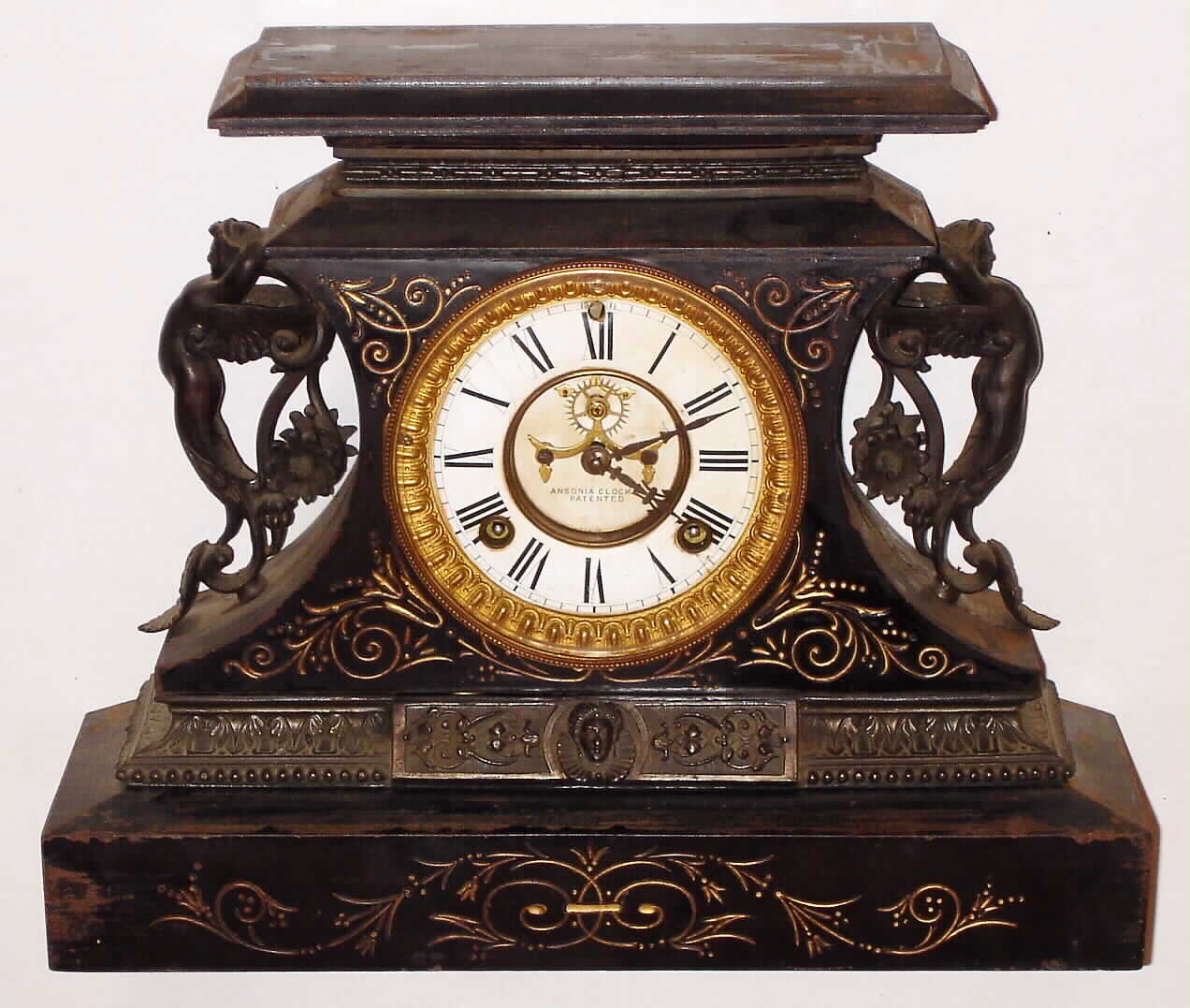 Ansonia Clock Co., New York, "Rosalind" enameled iron 8 day time and strike mantel clock, c1904 — Antique Clocks Price Guide