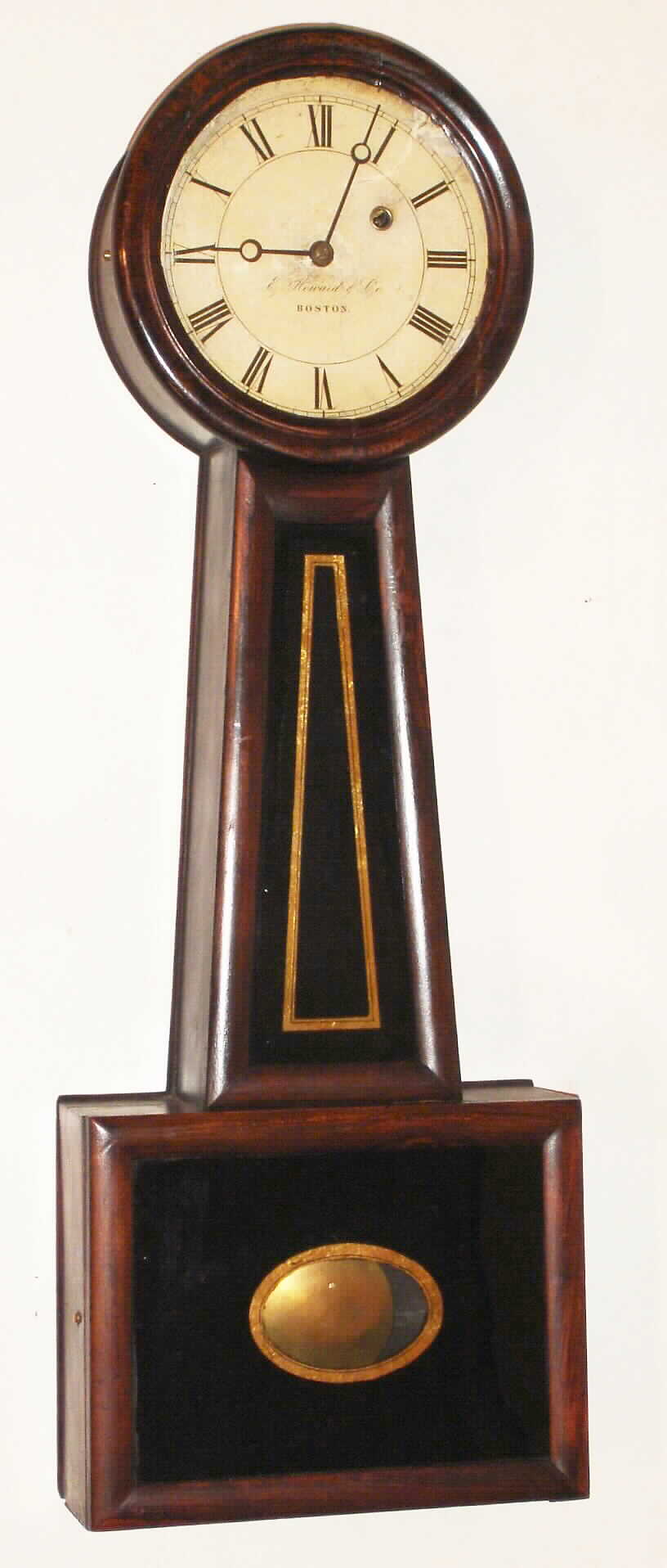 E. Howard and Co., Boston, Mass., 8 day, weight driven grain painted wood banjo clock, c1910 — Antique Clocks Price Guide