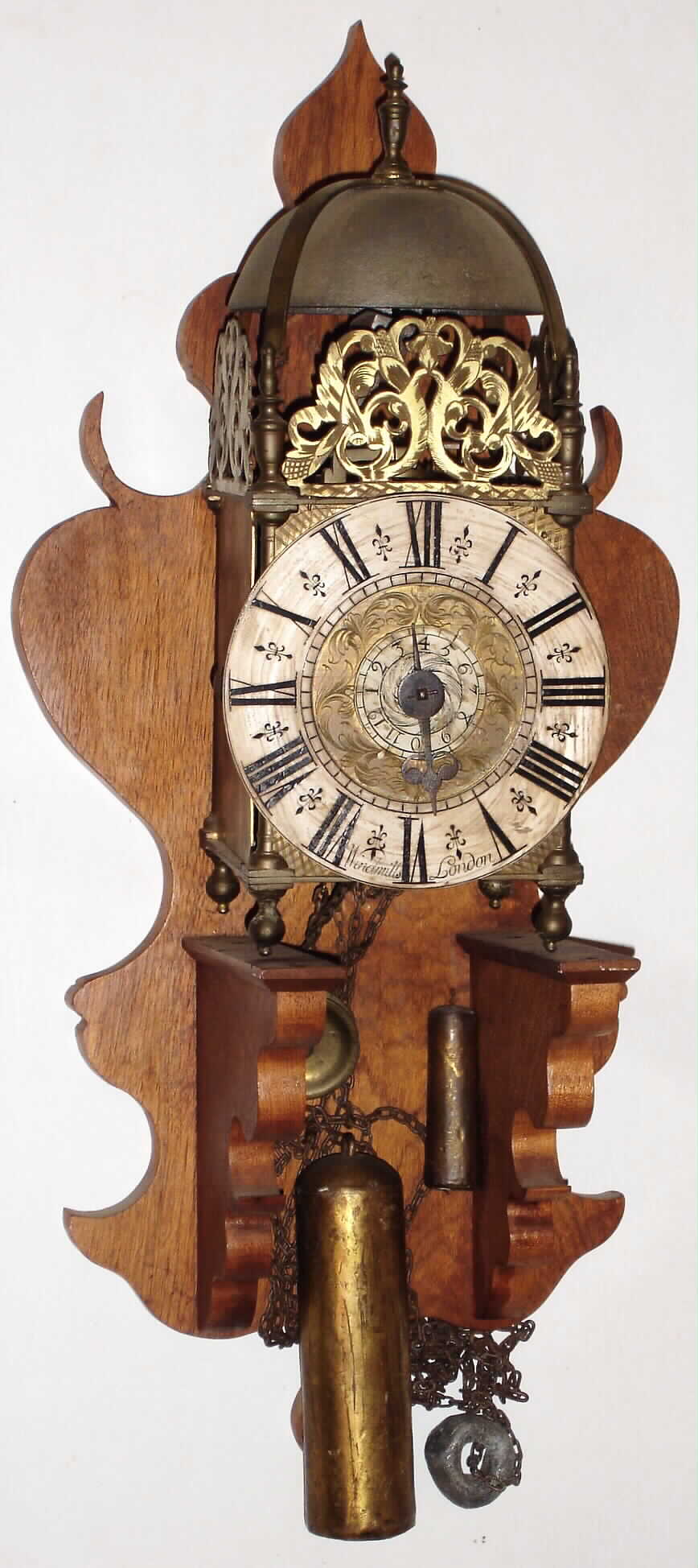 Lantern Clock, Windmills, London, reproduction 30 hour time, strike and alarm weight-driven one-hand wall clock with wood bracket — Antique Clocks Price Guide