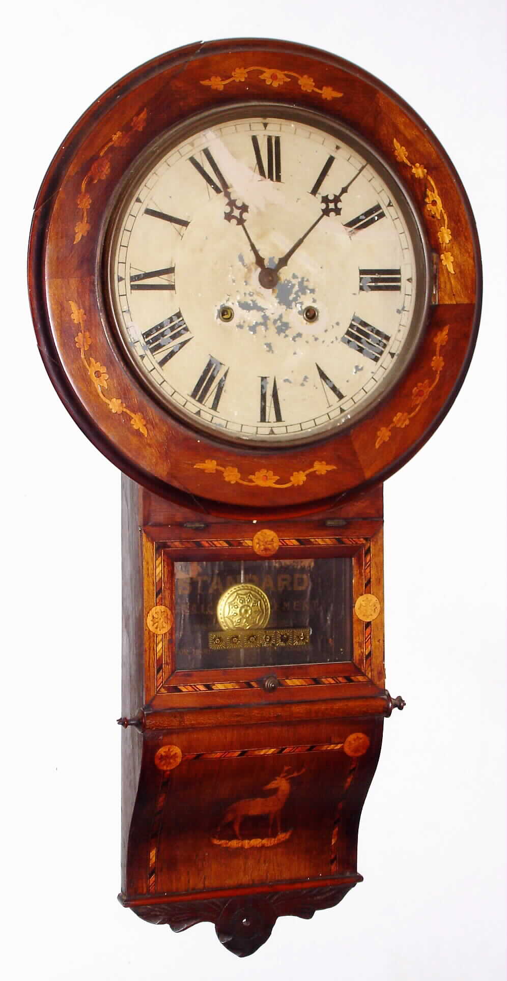 Anglo-American 8 day time and strike inlaid wood wall clock, c1900 — Antique Clocks Price Guide