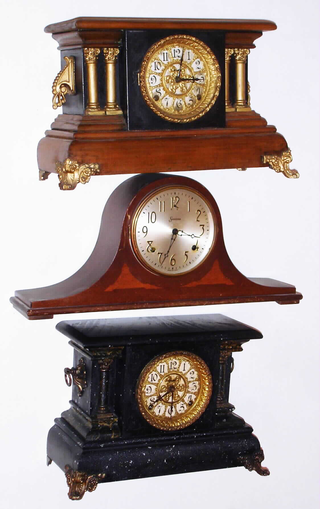 Clocks- 3 (Three) Connecticut Mantel Clocks, 8 day time and strike: one black Ingraham, one stained wood Ingraham, one Sessions tambour — Antique Clocks Price Guide
