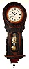 Asian modern reproduction large round drop wall clock, often called the Hotel model, 8 day time and strike spring driven movement in wood case, c1990