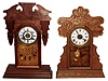 Clocks- 2 (Two) gingerbread kitchen 8 day time and strike wood Connecticut mantel clocks, New Haven and Welch, late 19th century