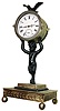 French figural desk clock with 30 hour Swiss pocket watch bar movement in a brass case with spelter figure of "Puck" or goat boy, and bird perched on top all resting on four ball feet, c1875