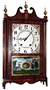 Eli Terry, Plymouth, Conn., pillar and scroll clock, 30 hour, time and strike, weight driven wooden works movement in mahogany veneer case with painted wooden dial and reverse painted lower tablet, c1820