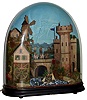 Automaton with music box, depicting castle scene with moving windmill, water wheel, soldiers on turret and horse back and rocking ship. The scene is enclosed in a background painted large oval dome, c1875