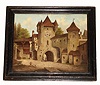 Picture clock with oil on zinc painting of castle scene inset with Jos Pichler, Vienna, Austria pocket watch movement in castle tower clock. The movement is gilt, 30 hour, time only, fusee and spring driven. The painting has a molded and ebonized frame, c1800