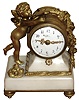 French, miniature figural table clock, 8 day, time only, spring driven movement with a platform cylinder escapement in a white marble case with ormolu cherub grasping dove and other ormolu trim, c1900