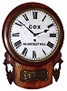 Cox, 46 Anerley Hill, England short drop wall time piece, 8 day, time only, spring driven movement in mahogany veneer case with side carvings and brass line inlay, c1860
