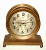 Chelsea Clock Co., Boston, Mass., "Base and Ball" or also named the "Commodore", 8 day, time and ship's bell strike, brass mantel clock with 8 1/2" silvered metal dial signed and retailed by E. P. ROBERTS and SONS INC. PITTSBURGH," s#71117 c1911