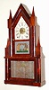 Terry and Andrews, Bristol Conn., "Steeple on Case" mantel clock, 8 day, time and strike, spring driven movement in mahogany veneer case with painted metal dial and stenciled tablets, c1840