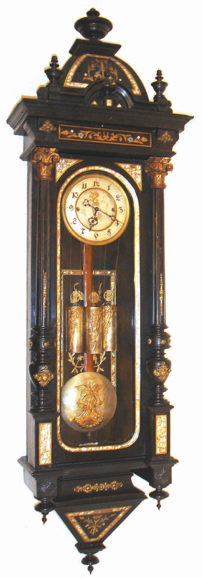 Austrian, bench made, 3-weight "Vienna Regulator" in an ebonized case with mother of pearl and brass inlay, serial # 65831, c1895 — Antique Clocks Price Guide