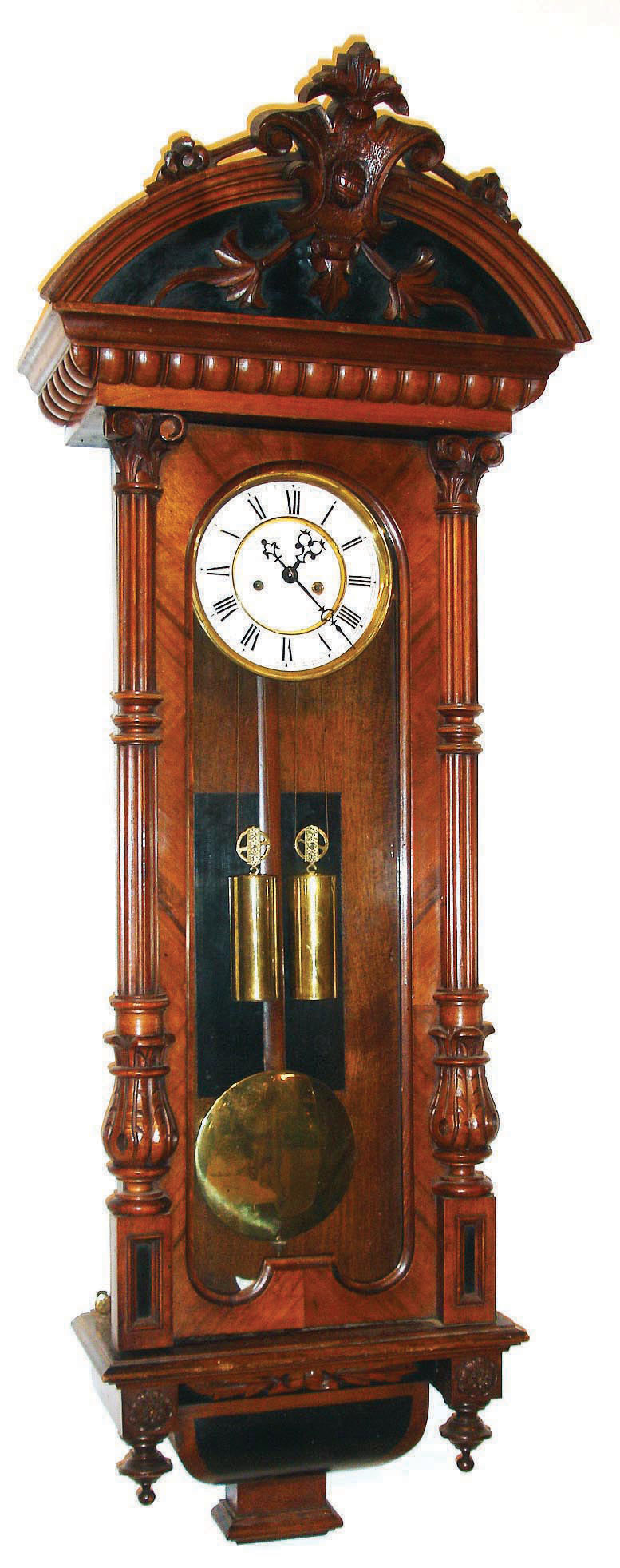 German, Gustav Becker, Freiburg, serial #366239, 2-weight Alt Deutsch "Vienna  Regulator", in a walnut veneered case with carved half columns and old top,  C,1880 — Antique Clocks Price Guide
