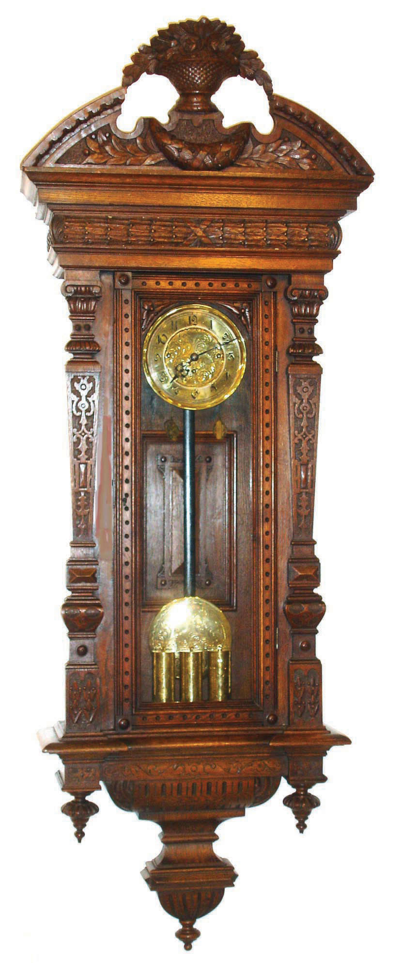 German, Gustav Becker, 3-weight, grand sonnerie, "Vienna Regulator", finely engraved dial center, weights and pendulum, in an over-size oak case with carved top piece and fluted finials, c1890 — Antique Clocks Price Guide