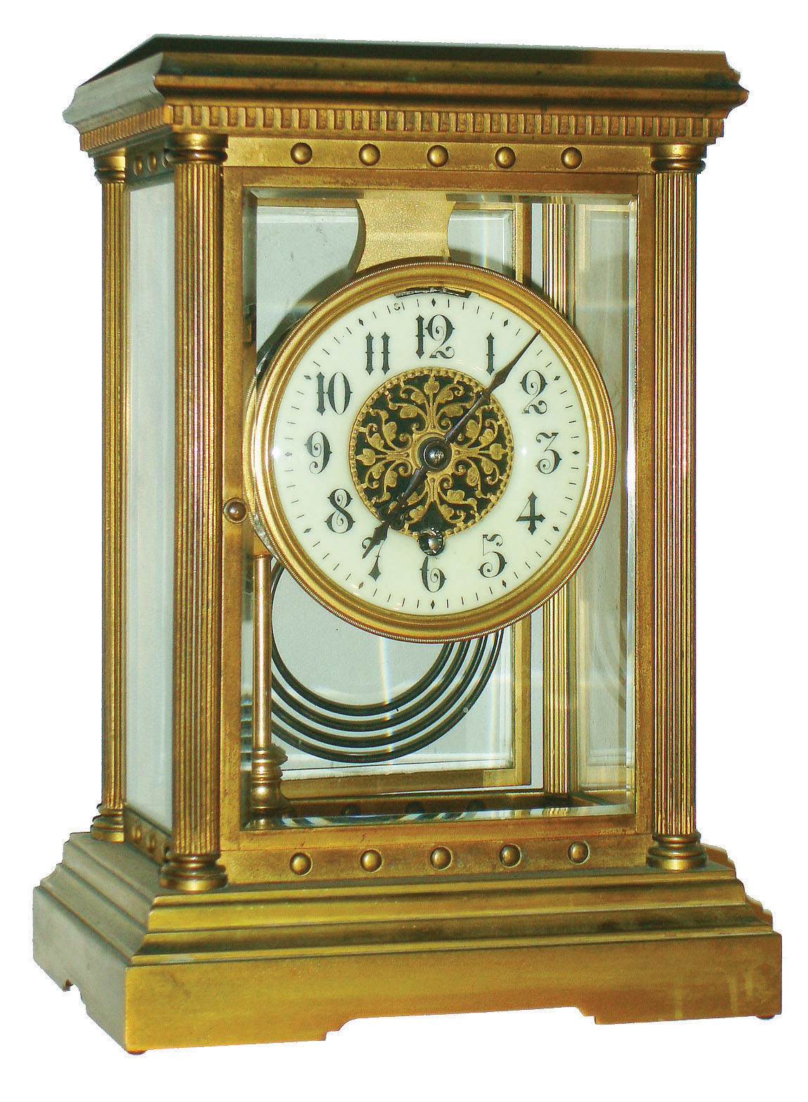 Boston Clock Co., "Delphus" 8 day time and strike tandem wind brass and beveled glass crystal regulator, serial number 2846, c1890 — Antique Clocks Price Guide