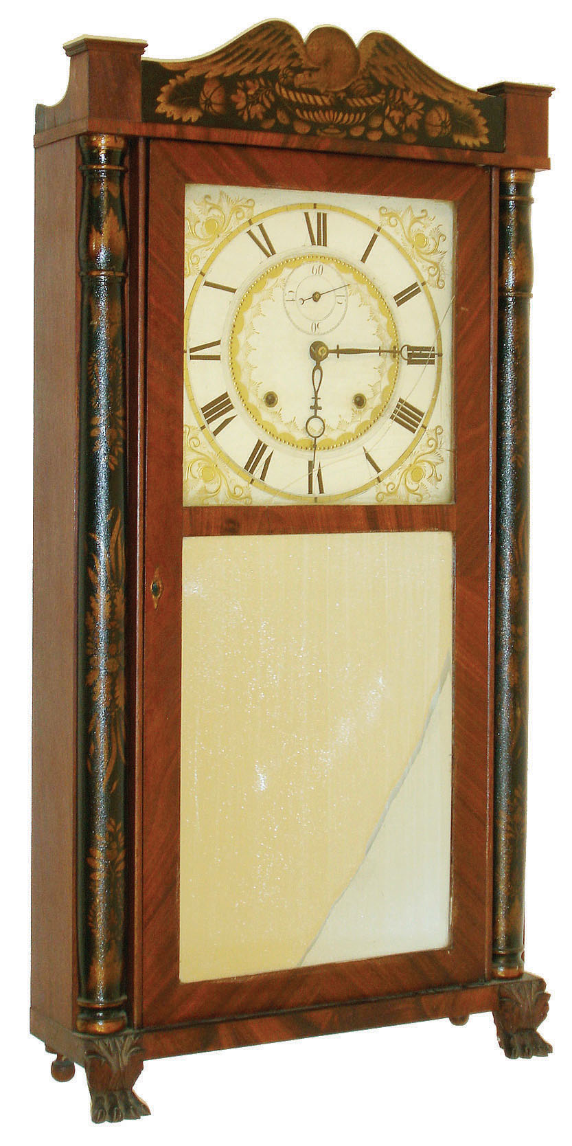 E. Terry & Sons, Plymouth, Conn., 8 day, time and strike weight, mahogany plate movement, half column & splat shelf clock, c1830 — Antique Clocks Price Guide