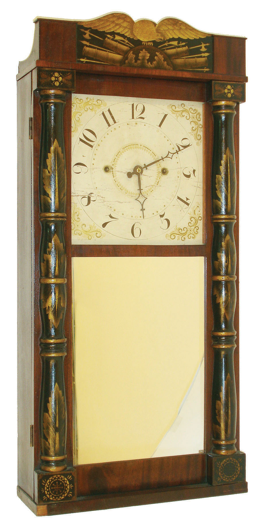 Unknown, 30 hour, time and strike weight wood movement (groaner) half column & splat shelf clock, c1830 This might possibly be a Boardman & Wells but there is not enough of the label remaining to tell. — Antique Clocks Price Guide