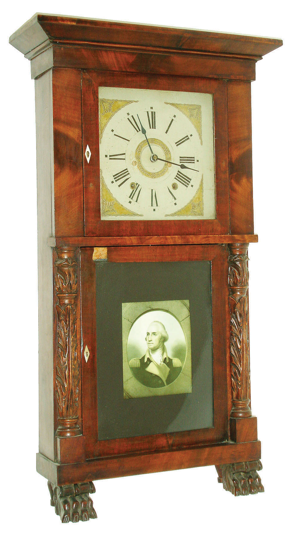 Marshall and Adams, Seneca Falls, New York, 30 hour wood movement carved columns double decker case with cornice top, c1835.  This clock is a marriage.  The case now contains what looks to be a Riley Whiting wood movement in place of an eight day weight driven brass movement. — Antique Clocks Price Guide
