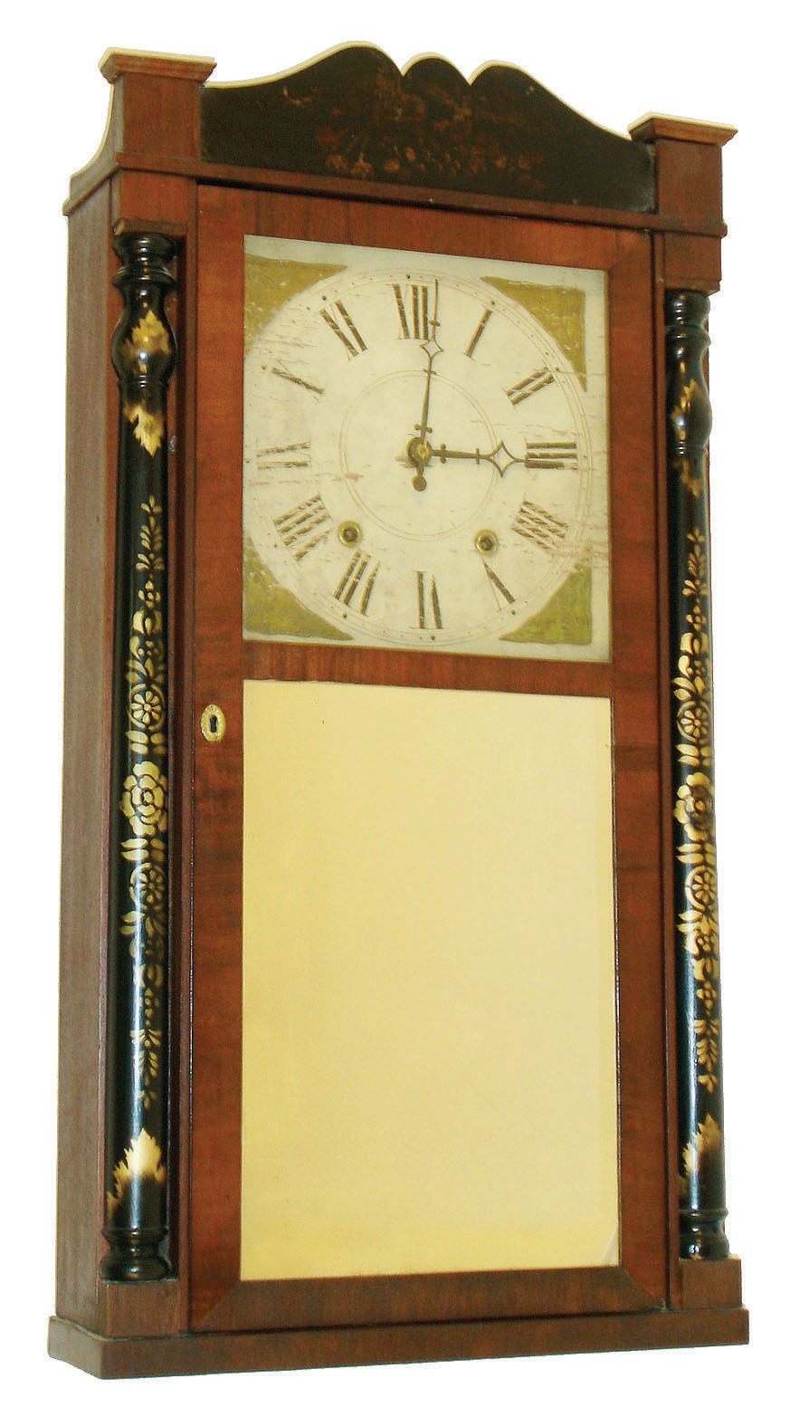 Elisha Hotchkiss, Burlington, Conn., 30 hour, time and strike weight wood movement half column & splat shelf clock, c1830 — Antique Clocks Price Guide