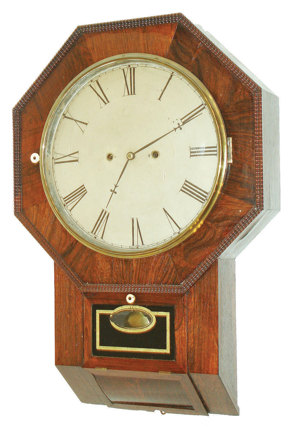 Atkins Clock Mfg. Co., Bristol, Conn., 30 day, wagon spring rosewood octagon ripple molding wall clock or timepiece, c1856 — Antique Clocks Price Guide