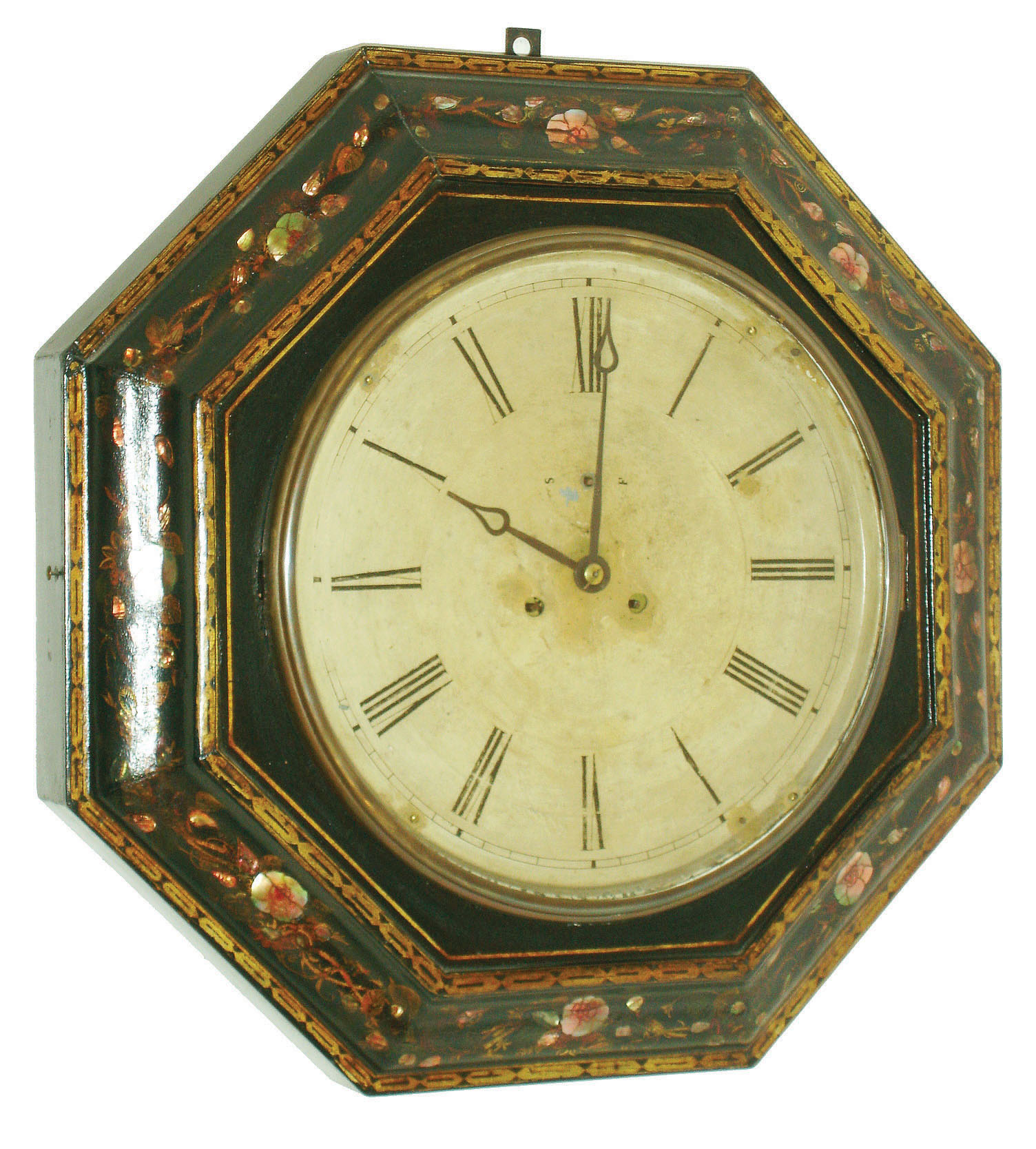 Litchfield Manufacturing Co., Litchfield, Conn., 8 day, time and strike spring brass lever movement large octagon paper mache wall clock or timepiece. Rare, c1850 — Antique Clocks Price Guide