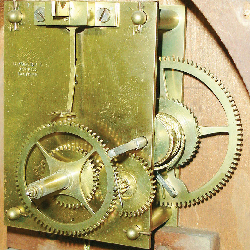 Howard & Davis, Boston, Mass., "Regulator No. 4", grain painted case with decorated glasses, Roman numeral white painted dial with girandole style hands, with eagle finial, c1845 — Antique Clocks Price Guide
