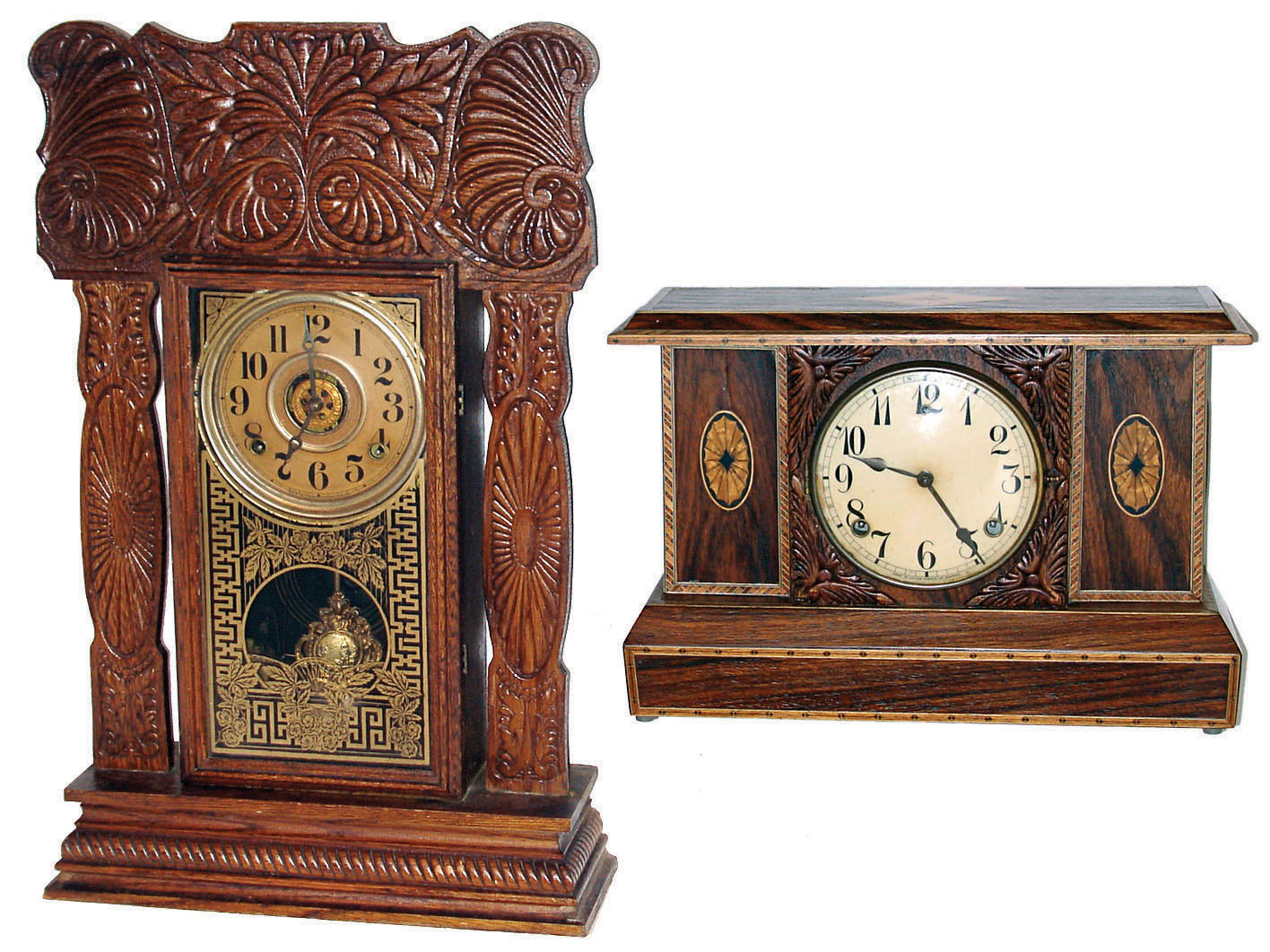 Clocks- 2 (Two) Connecticut wood 8 days, time and strike, shelf clocks:  Wm. L. Gilbert Bristol, Conn. inlaid mahogany mantel clock; E. Ingraham, Bristol, Conn. oak gingerbread clock; c1915 — Antique Clocks Price Guide