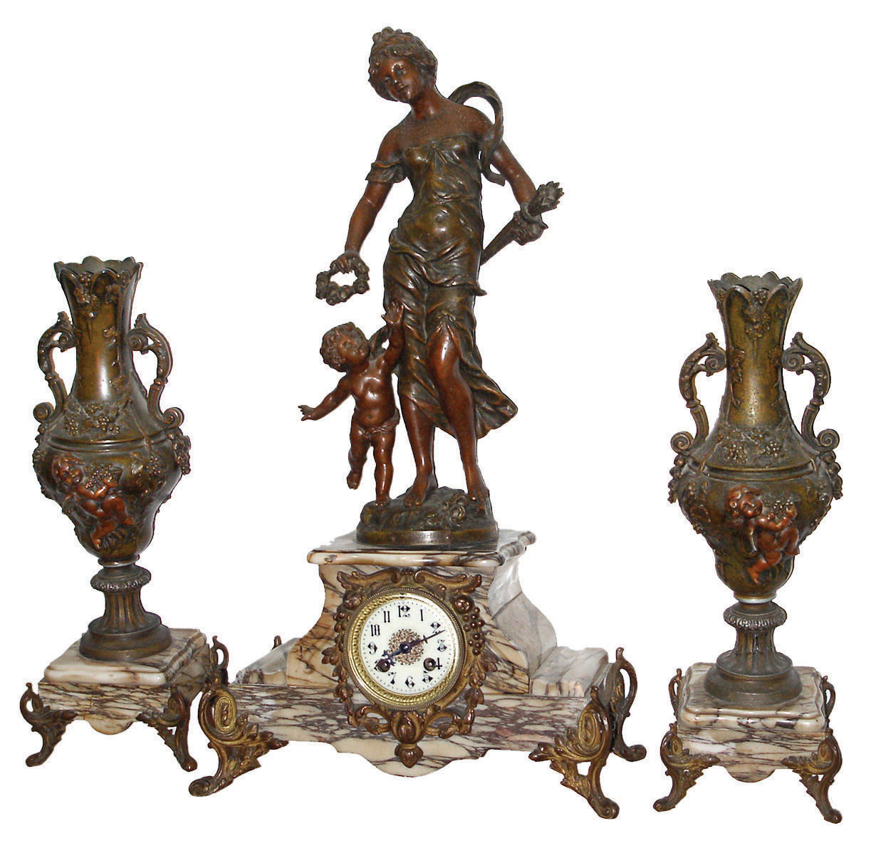 French marble and cast bronze garniture set: figural 8 days, time and strike, clock; two ornate urn sidepieces, c1880 — Antique Clocks Price Guide