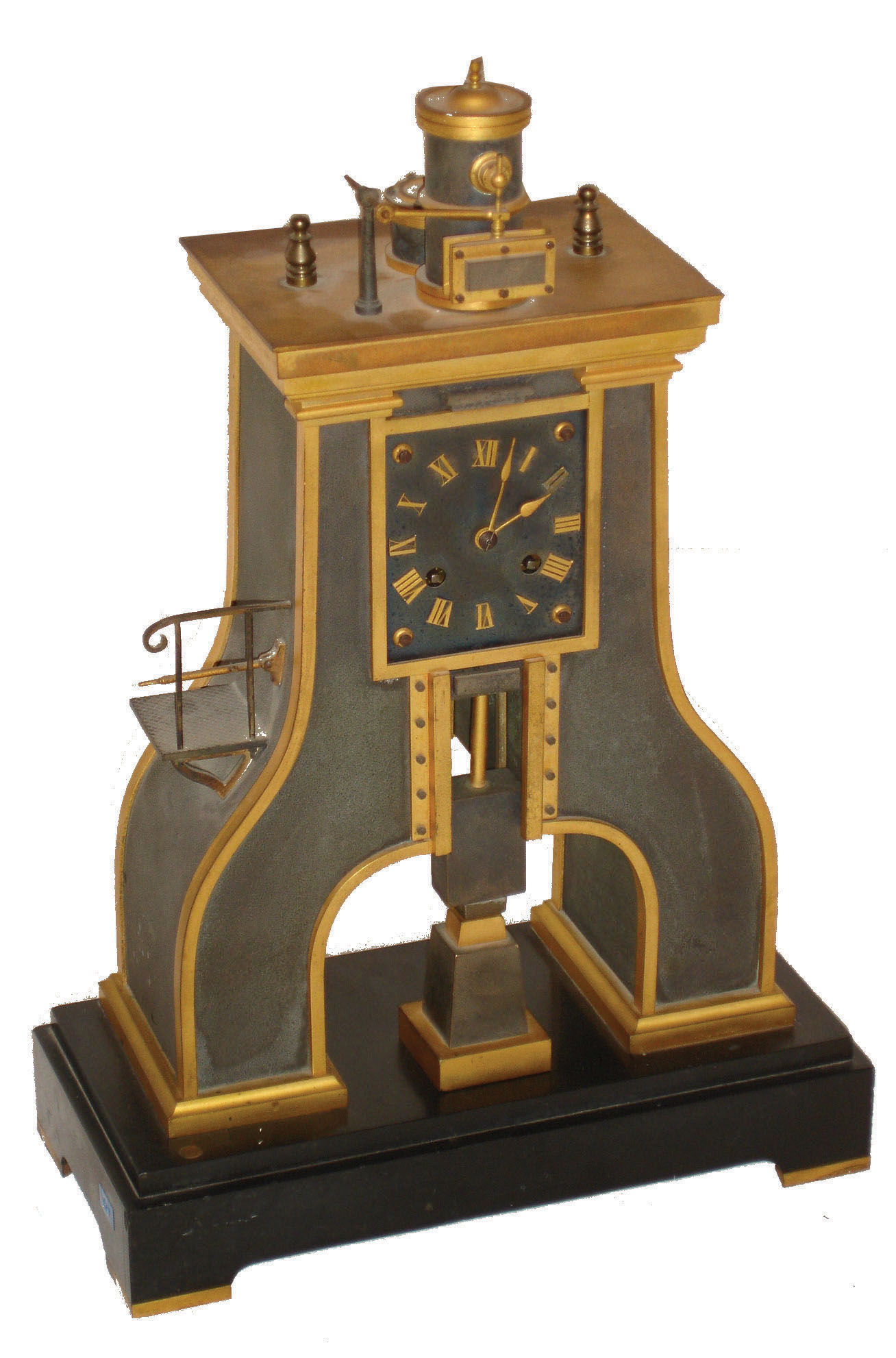 French Industrial clock by Guilmet, "Steam Hammer", with gilt and patinated bronze case on a black slate base with gilt feet, the hammer forming part of the complex compound pendulum, rising and falling, appearing to strike the anvil as the clock ticks, 8 days, time and strike, movement signed Japy Freres, counting the hours and striking the half hour on a bell, also with Guilmet's mark on the back plate, dial with applied gilt Roman numerals, with gilt spade hands, c1880 — Antique Clocks Price Guide
